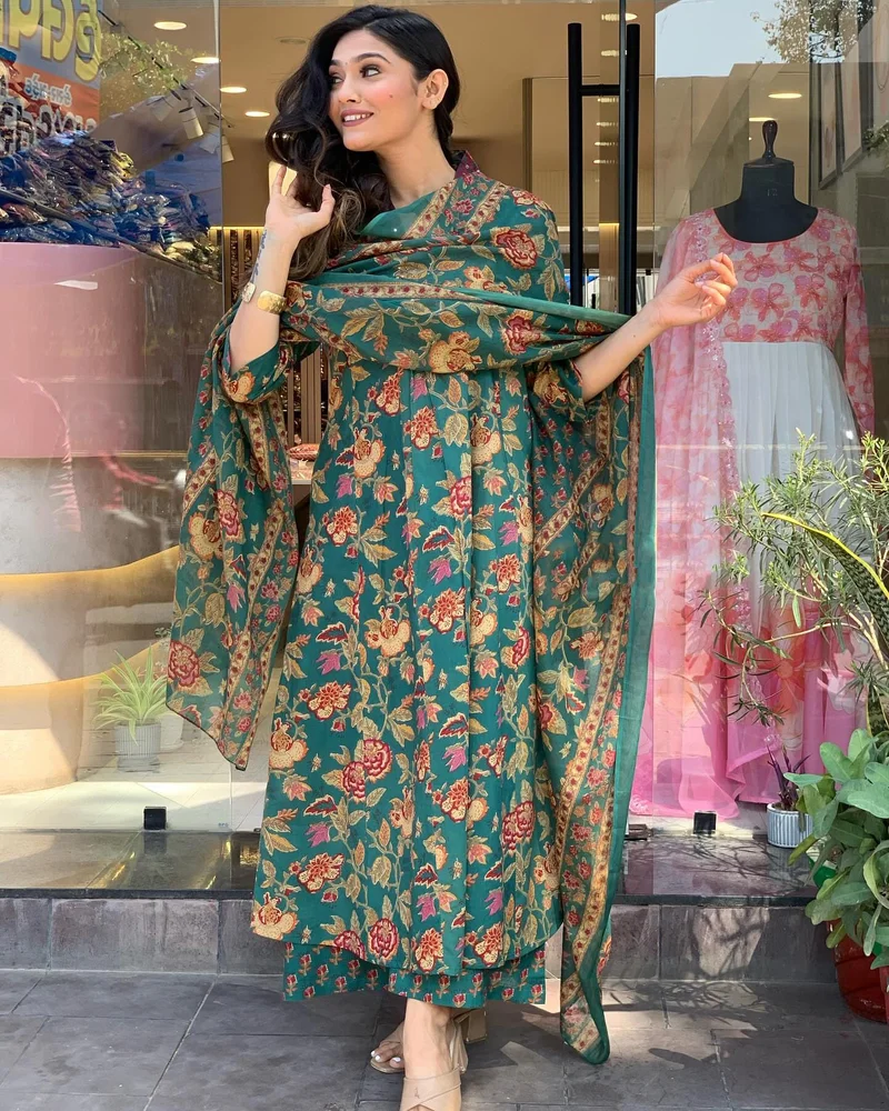 GoSriKi  GoSriKi Women's Rayon Blend Anarkali Printed Kurta with Palazzo & Dupatta (CIA GREEN-VKS01-GS_5XL_Green_XXXXX-Large) for Women | Best Price UAE